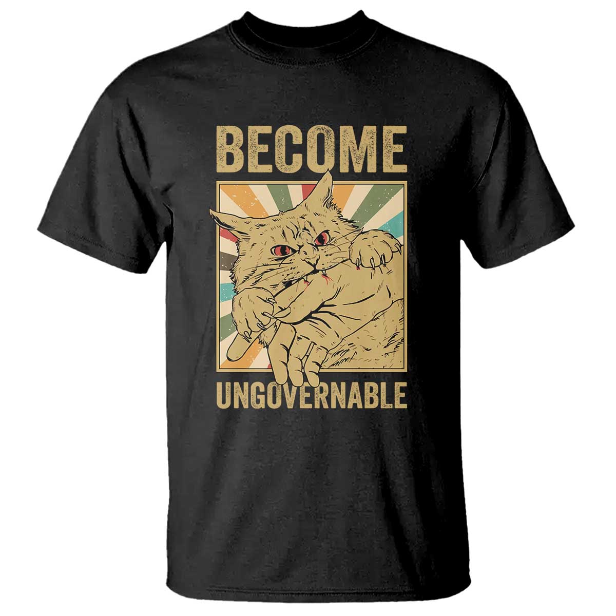 Become Ungovernable Cat T Shirt Funny Retro Cat Bite Horror Anime - Wonder Print Shop