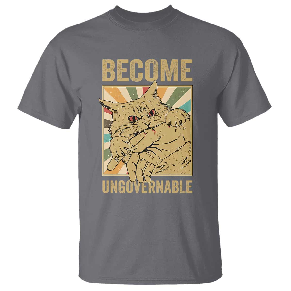 Become Ungovernable Cat T Shirt Funny Retro Cat Bite Horror Anime - Wonder Print Shop