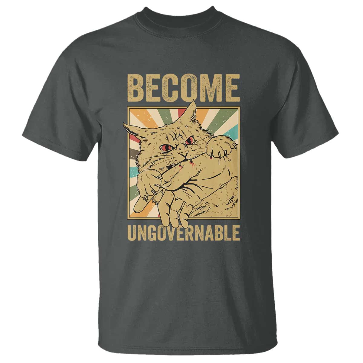 Become Ungovernable Cat T Shirt Funny Retro Cat Bite Horror Anime - Wonder Print Shop