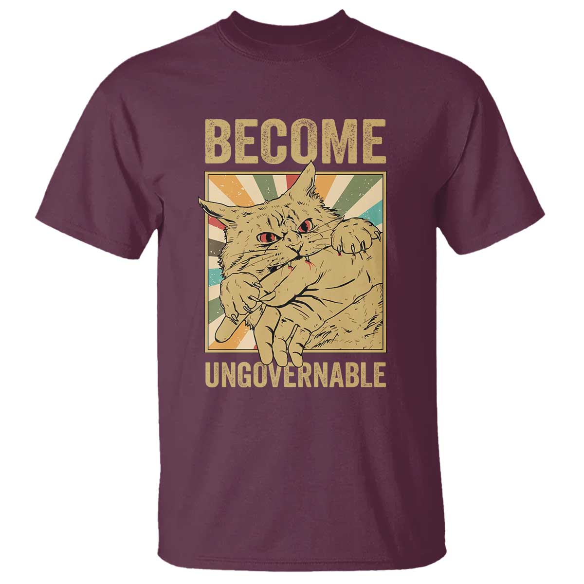 Become Ungovernable Cat T Shirt Funny Retro Cat Bite Horror Anime - Wonder Print Shop