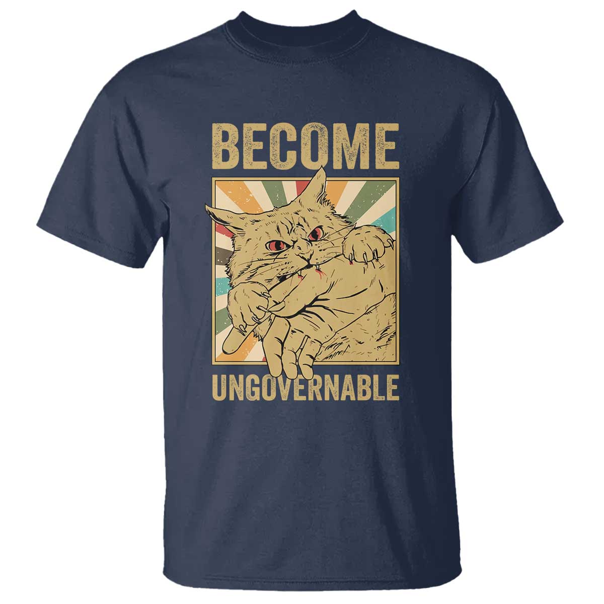 Become Ungovernable Cat T Shirt Funny Retro Cat Bite Horror Anime - Wonder Print Shop