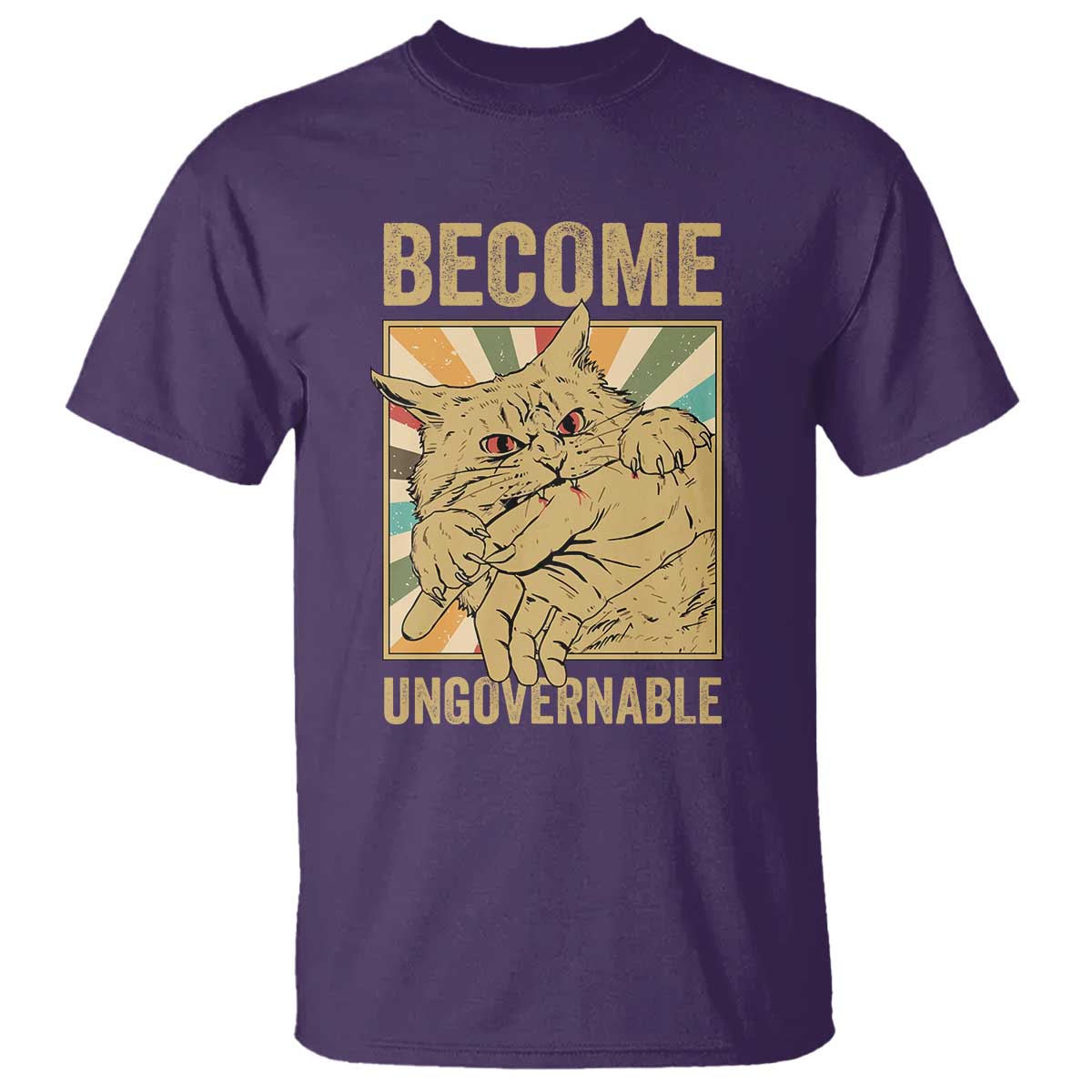 Become Ungovernable Cat T Shirt Funny Retro Cat Bite Horror Anime - Wonder Print Shop