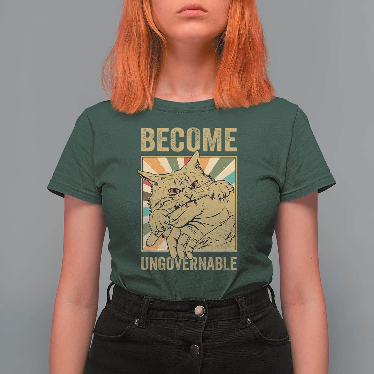 Become Ungovernable Cat T Shirt For Women Funny Retro Cat Bite Horror Anime - Wonder Print Shop