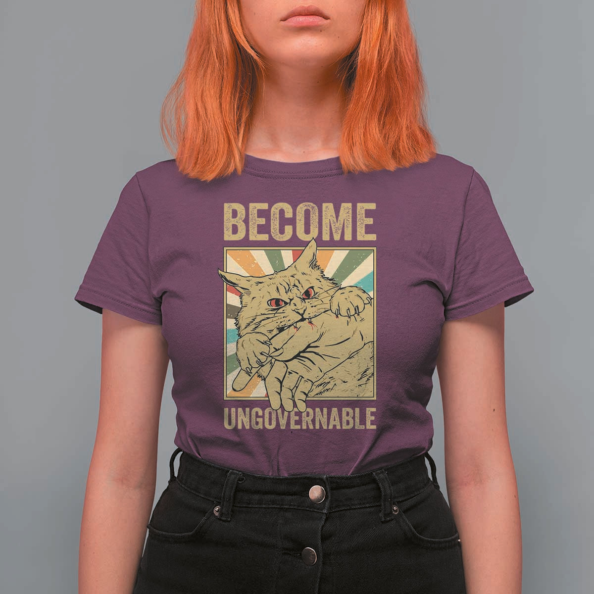 Become Ungovernable Cat T Shirt For Women Funny Retro Cat Bite Horror Anime - Wonder Print Shop