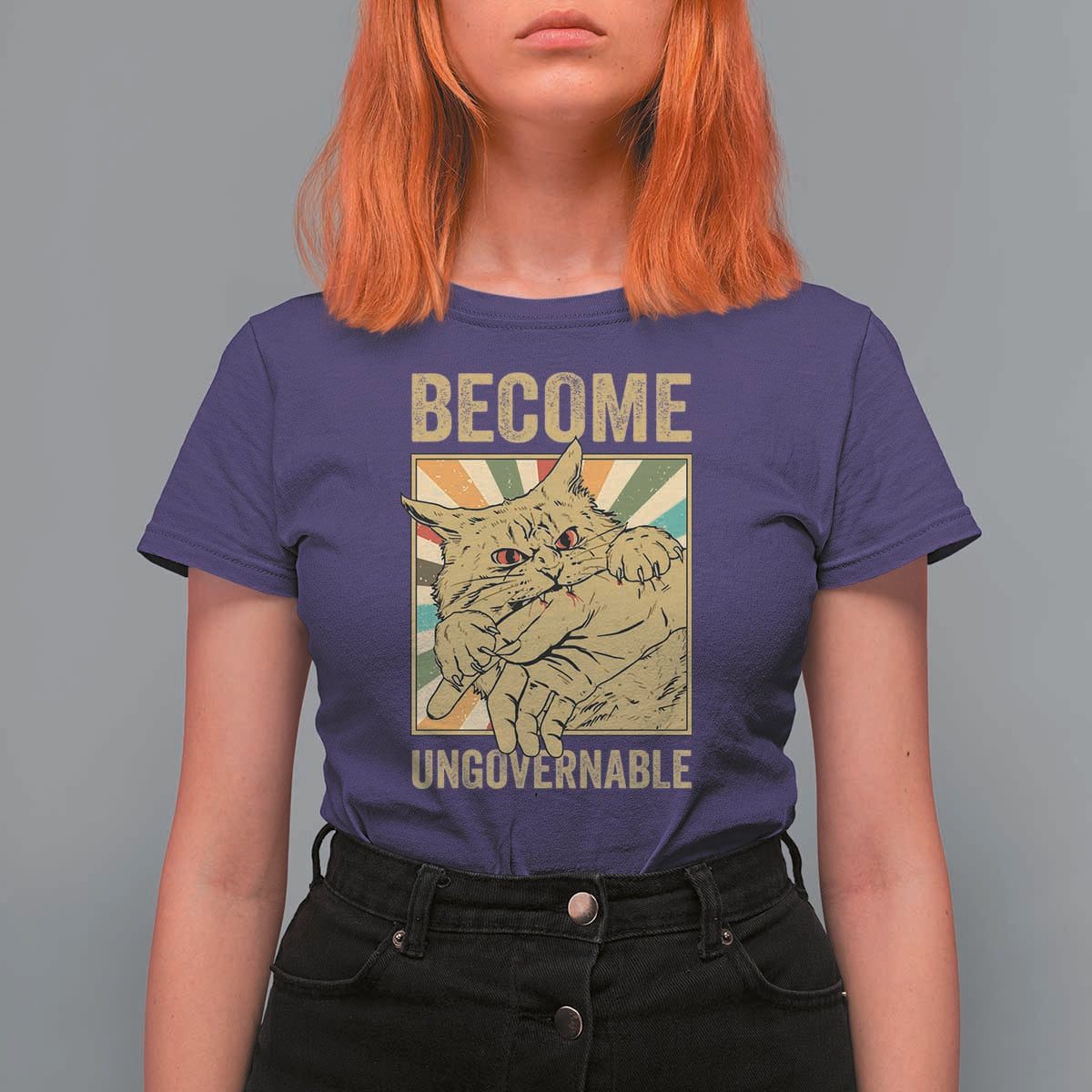 Become Ungovernable Cat T Shirt For Women Funny Retro Cat Bite Horror Anime - Wonder Print Shop