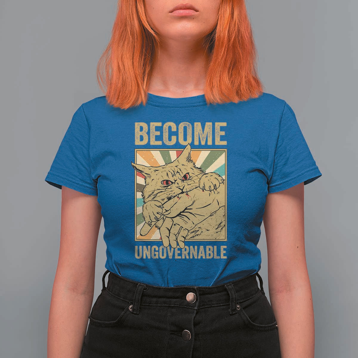 Become Ungovernable Cat T Shirt For Women Funny Retro Cat Bite Horror Anime - Wonder Print Shop