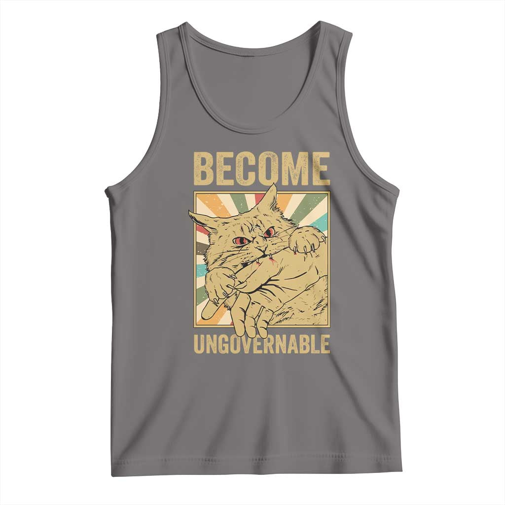 Become Ungovernable Cat Tank Top Funny Retro Cat Bite Horror Anime - Wonder Print Shop
