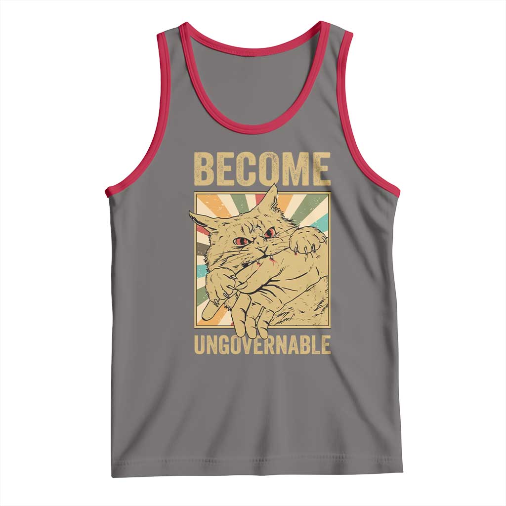 Become Ungovernable Cat Tank Top Funny Retro Cat Bite Horror Anime - Wonder Print Shop