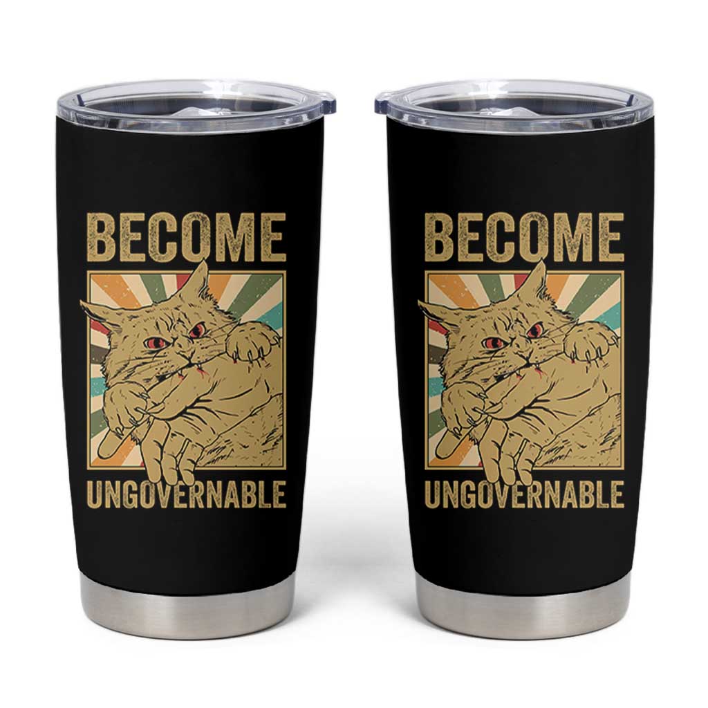 Become Ungovernable Cat Tumbler Cup Funny Retro Cat Bite Horror Anime - Wonder Print Shop