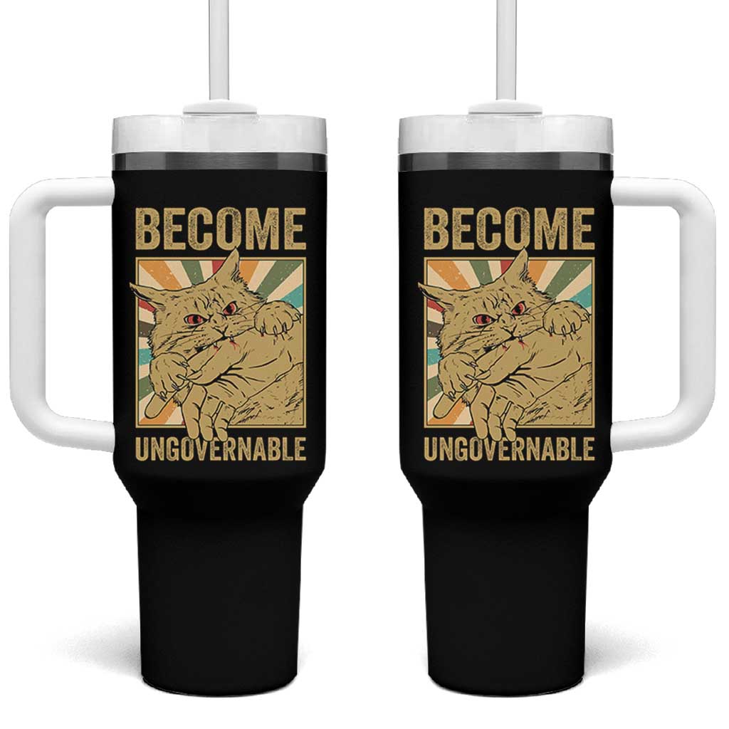 Become Ungovernable Cat Tumbler With Handle Funny Retro Cat Bite Horror Anime - Wonder Print Shop