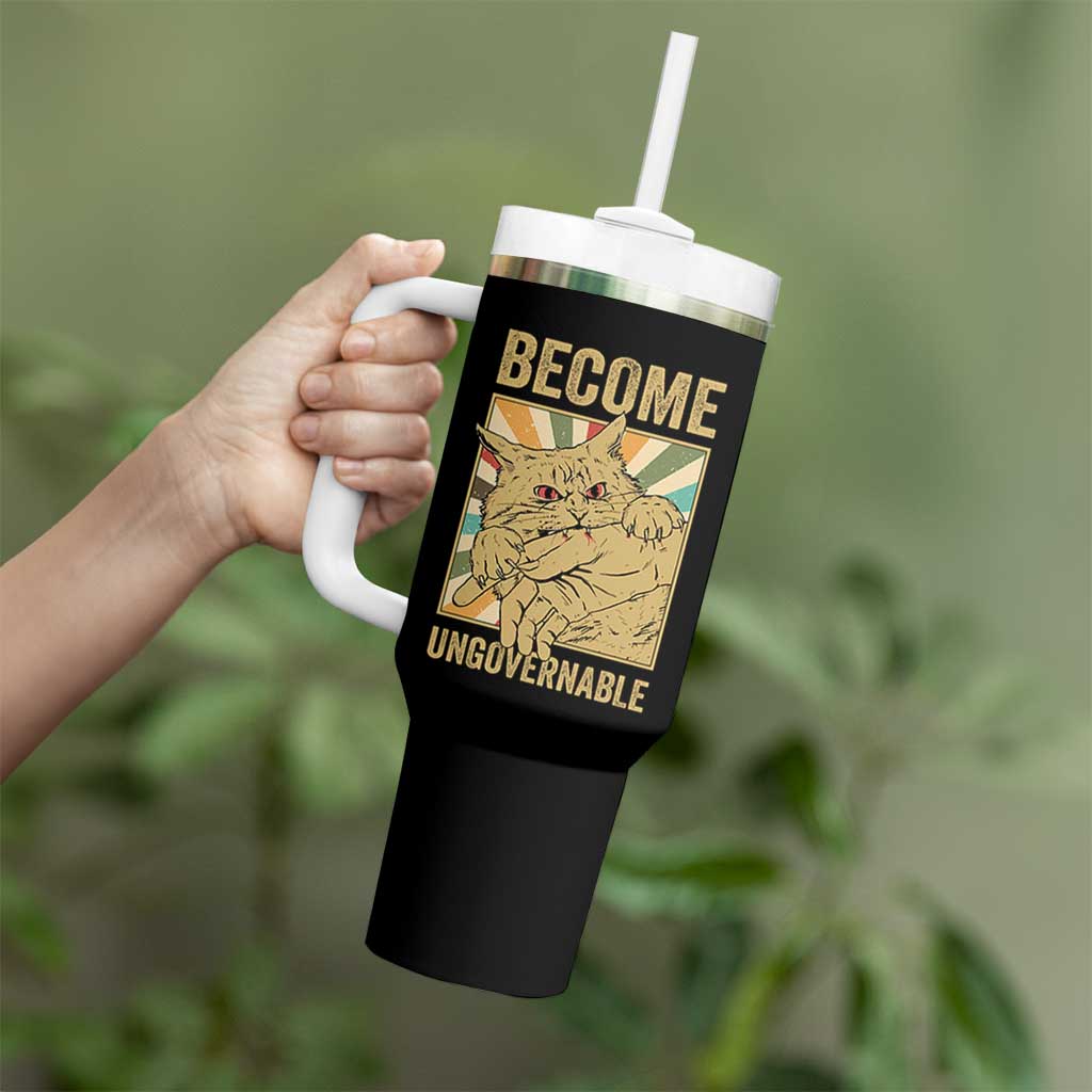 Become Ungovernable Cat Tumbler With Handle Funny Retro Cat Bite Horror Anime - Wonder Print Shop