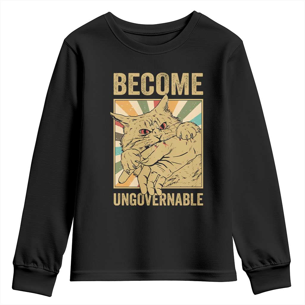 Become Ungovernable Cat Youth Sweatshirt Funny Retro Cat Bite Horror Anime - Wonder Print Shop
