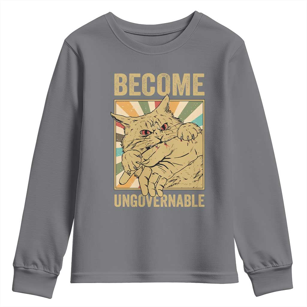 Become Ungovernable Cat Youth Sweatshirt Funny Retro Cat Bite Horror Anime - Wonder Print Shop
