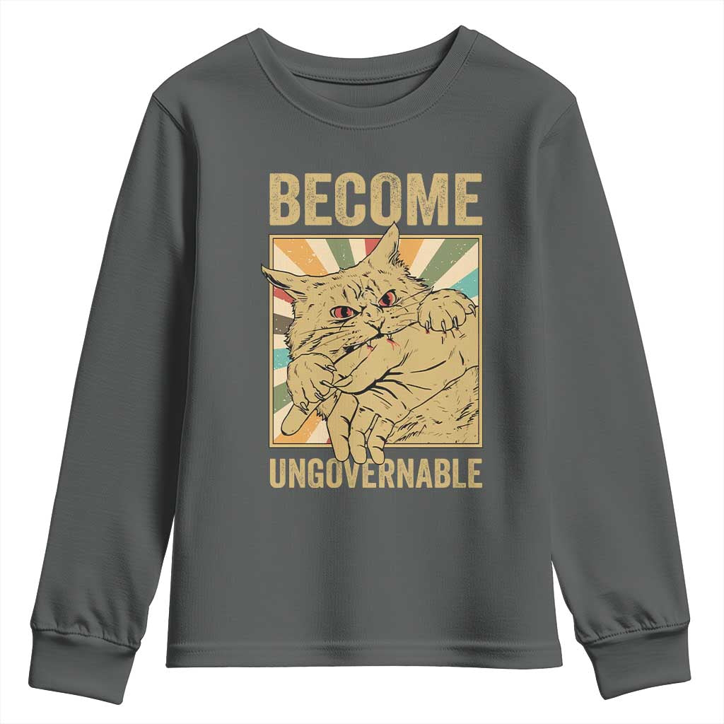 Become Ungovernable Cat Youth Sweatshirt Funny Retro Cat Bite Horror Anime - Wonder Print Shop