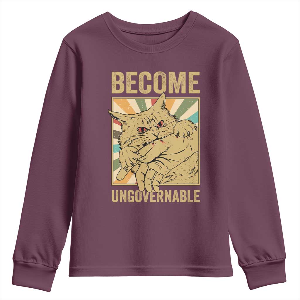 Become Ungovernable Cat Youth Sweatshirt Funny Retro Cat Bite Horror Anime - Wonder Print Shop