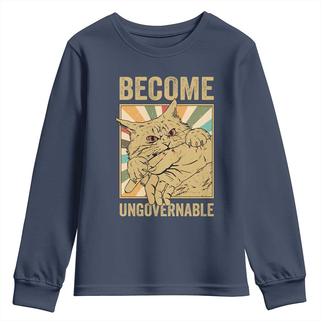 Become Ungovernable Cat Youth Sweatshirt Funny Retro Cat Bite Horror Anime - Wonder Print Shop