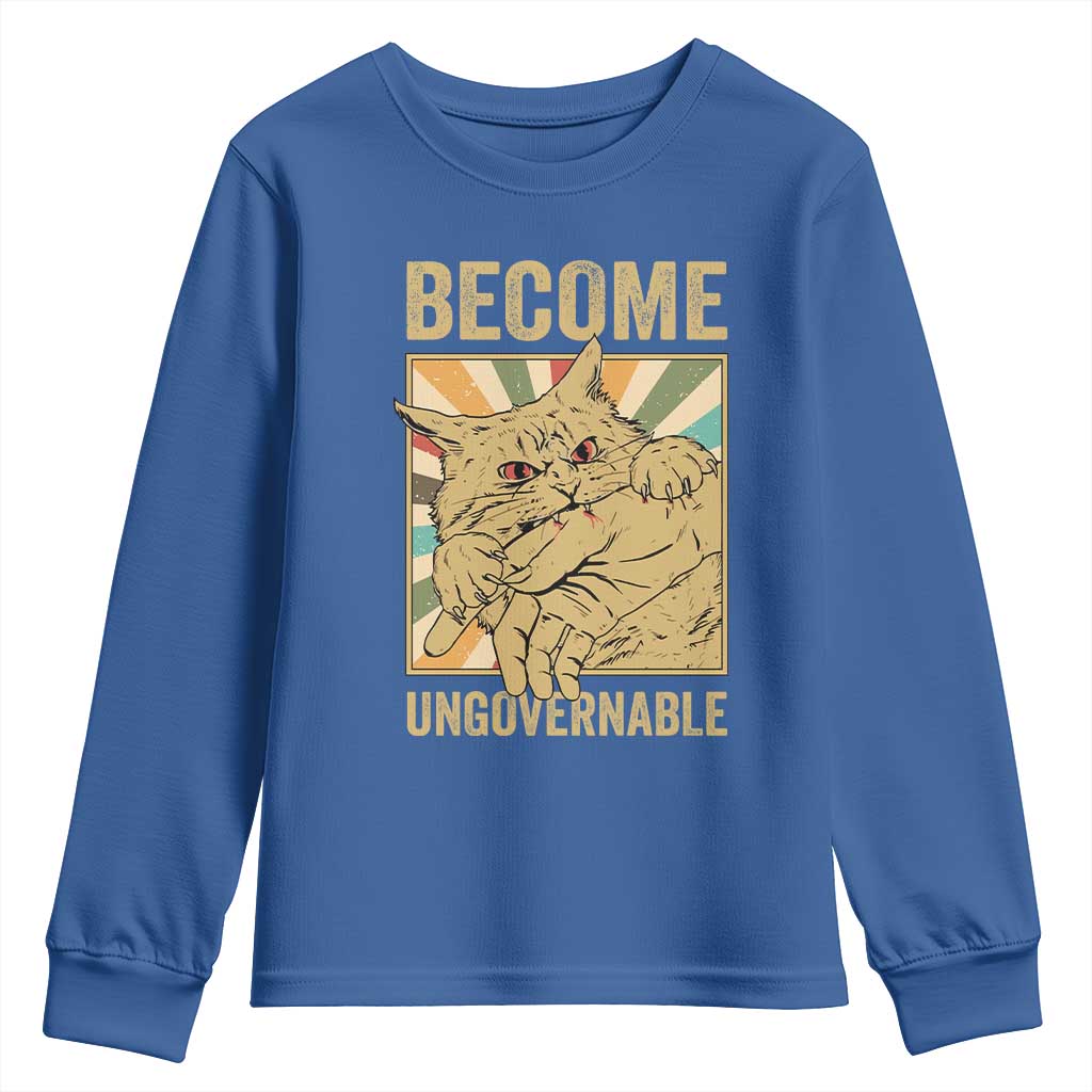 Become Ungovernable Cat Youth Sweatshirt Funny Retro Cat Bite Horror Anime - Wonder Print Shop