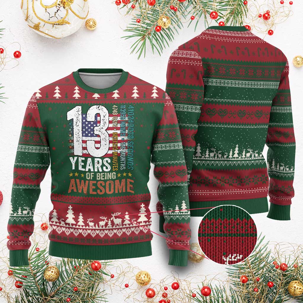 Funny 13th Birthday Ugly Christmas Sweater 13 Years 156 Months Of Being Awesome American Flag - Wonder Print Shop