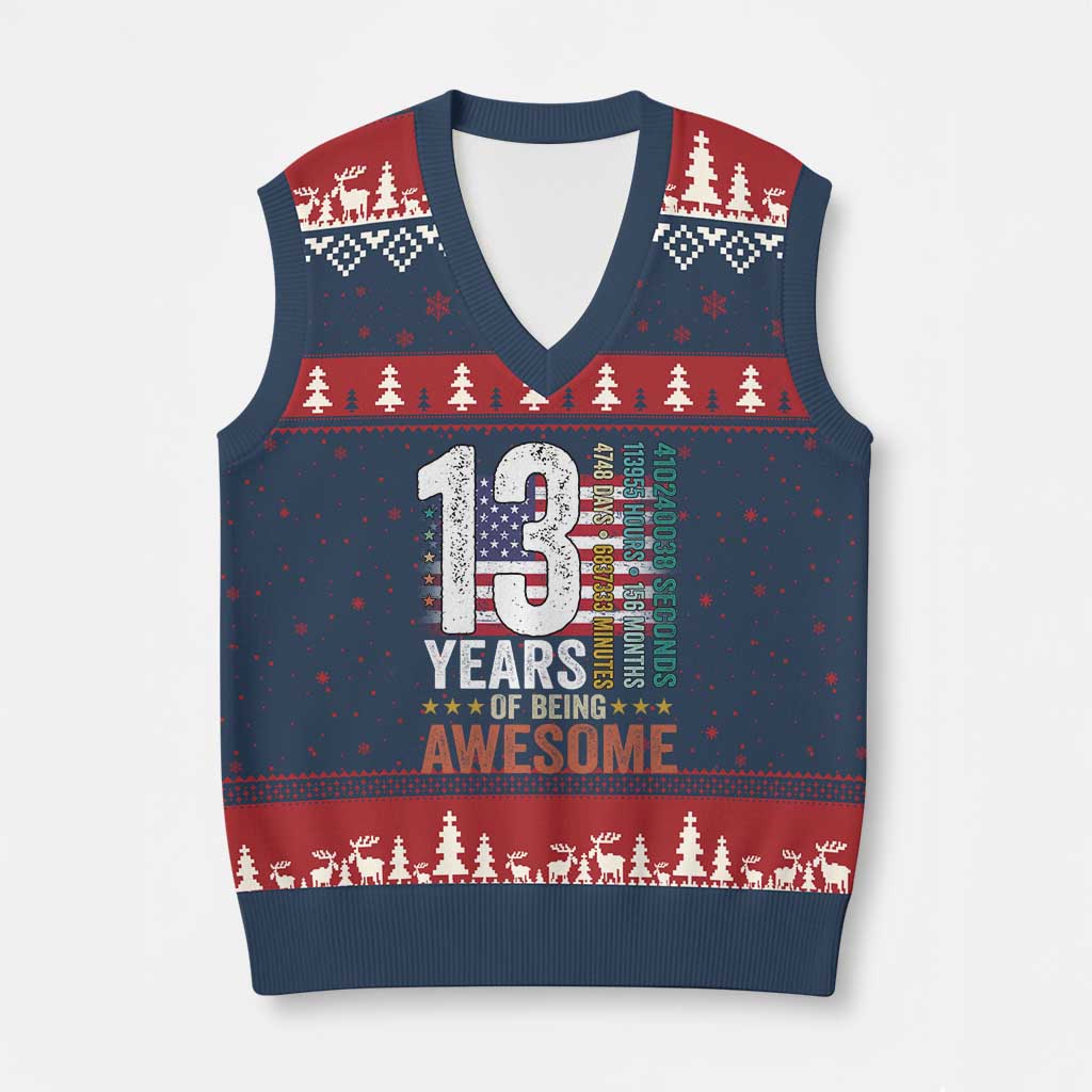 Funny 13th Birthday V-Neck Knit Sweater Vest 13 Years 156 Months Of Being Awesome American Flag - Wonder Print Shop