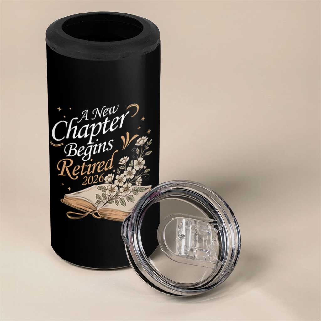 A New Chapter Begins Retired 2026 4 in 1 Can Cooler Tumbler Retired Teacher Floral Book - Wonder Print Shop