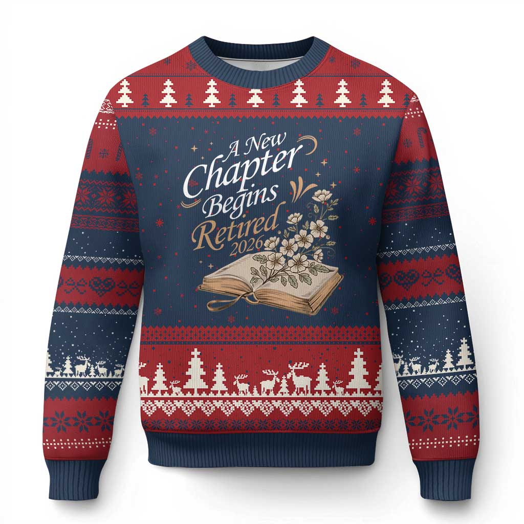 A New Chapter Begins Retired 2026 Ugly Christmas Sweater Retired Teacher Floral Book - Wonder Print Shop