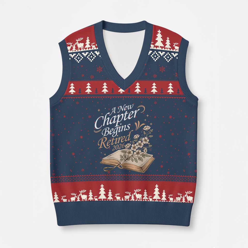 A New Chapter Begins Retired 2026 V-Neck Knit Sweater Vest Retired Teacher Floral Book - Wonder Print Shop