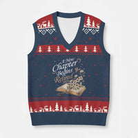 A New Chapter Begins Retired 2026 V-Neck Knit Sweater Vest Retired Teacher Floral Book - Wonder Print Shop