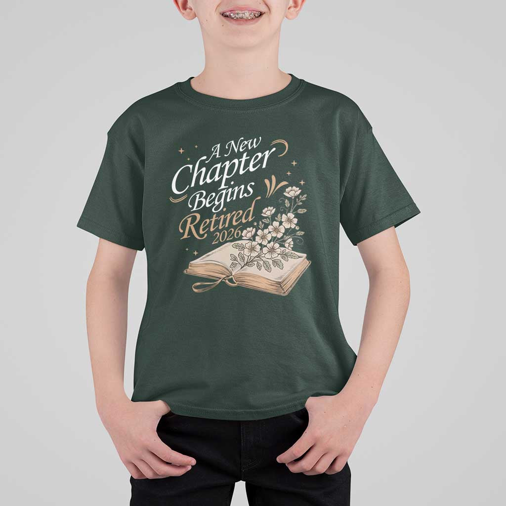 A New Chapter Begins Retired 2026 T Shirt For Kid Retired Teacher Floral Book - Wonder Print Shop