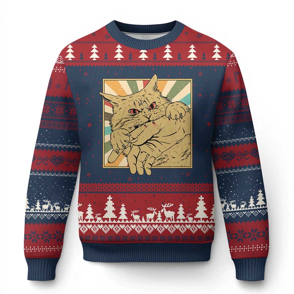 Funny Cat Bite Horror Anime Crazy Kitten Japanese Ugly Christmas Sweater - Wonder Print Shop