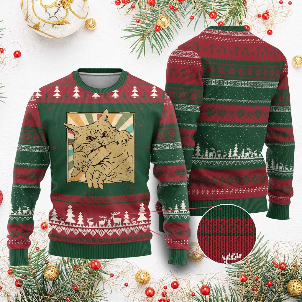 Funny Cat Bite Horror Anime Crazy Kitten Japanese Ugly Christmas Sweater - Wonder Print Shop