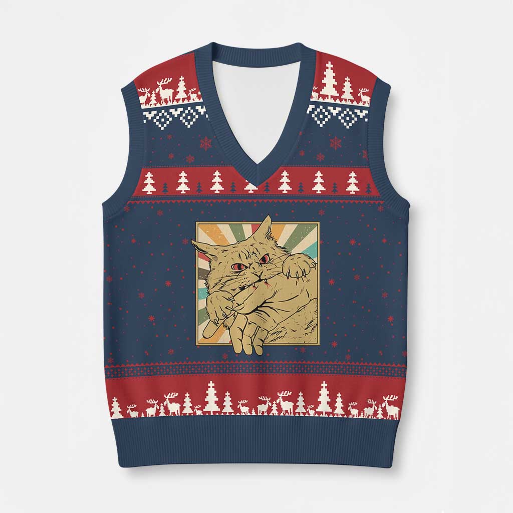 Funny Cat Bite Horror Anime Crazy Kitten Japanese V-Neck Knit Sweater Vest - Wonder Print Shop