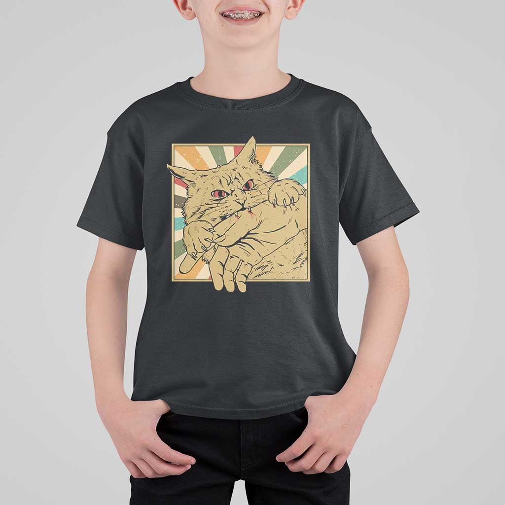Funny Cat Bite Horror Anime Crazy Kitten Japanese T Shirt For Kid - Wonder Print Shop