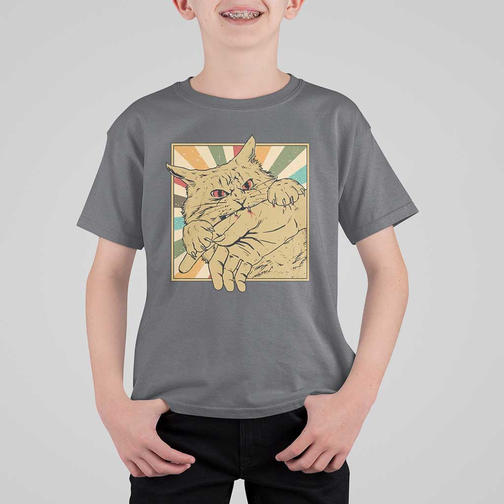 Funny Cat Bite Horror Anime Crazy Kitten Japanese T Shirt For Kid - Wonder Print Shop
