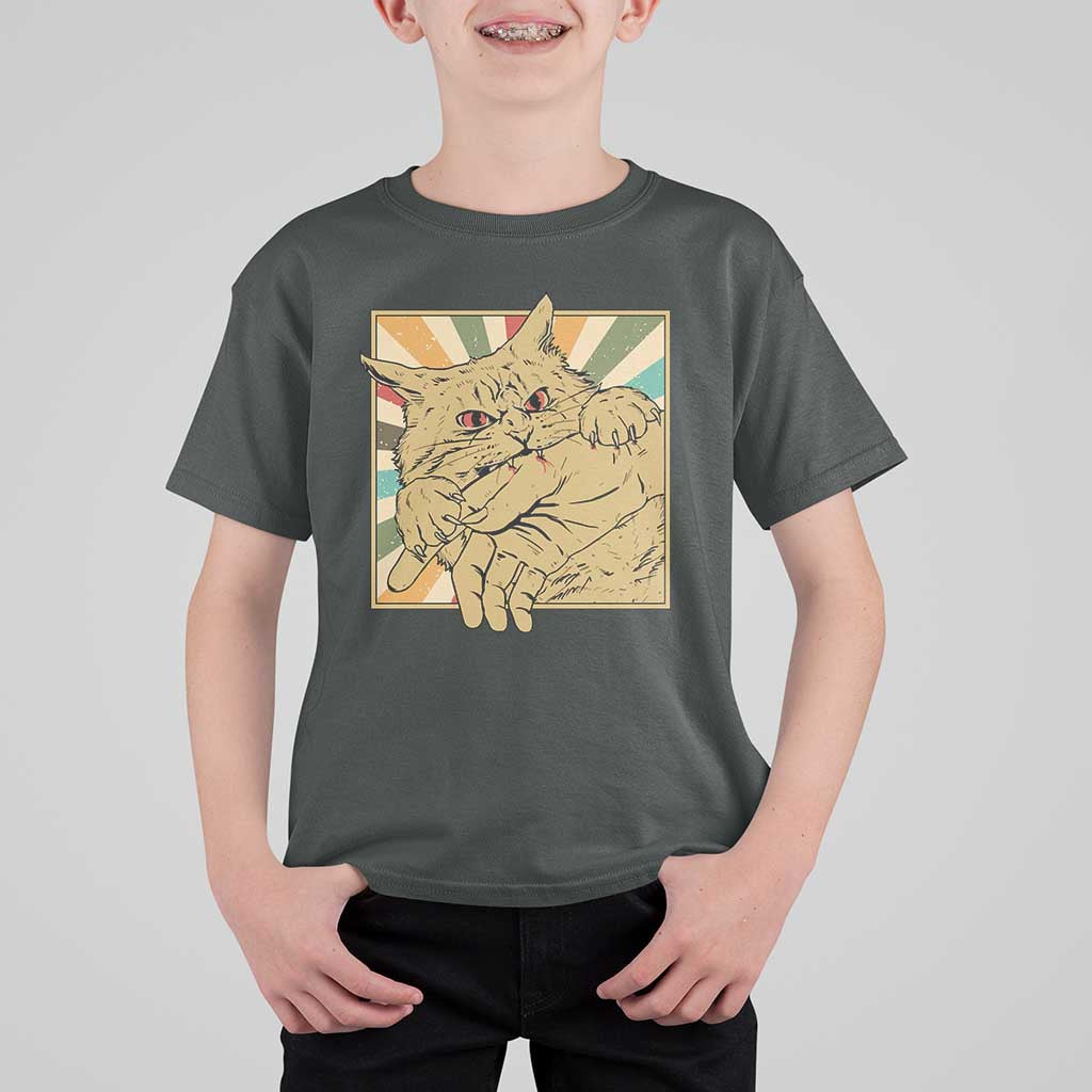 Funny Cat Bite Horror Anime Crazy Kitten Japanese T Shirt For Kid - Wonder Print Shop