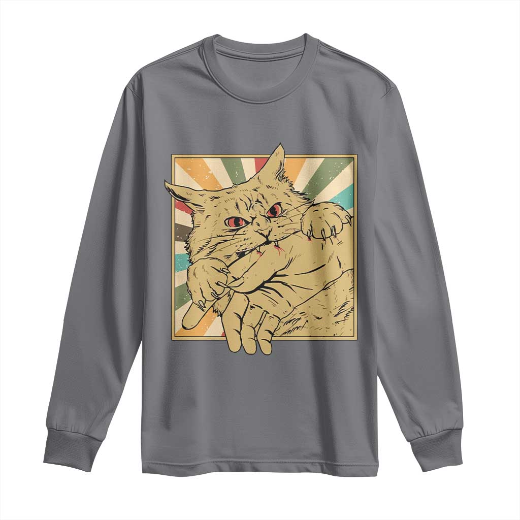 Funny Cat Bite Horror Anime Crazy Kitten Japanese Long Sleeve Shirt - Wonder Print Shop