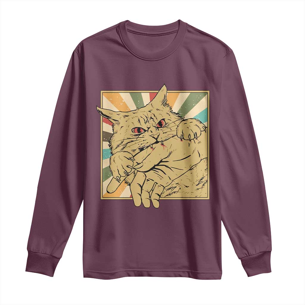 Funny Cat Bite Horror Anime Crazy Kitten Japanese Long Sleeve Shirt - Wonder Print Shop