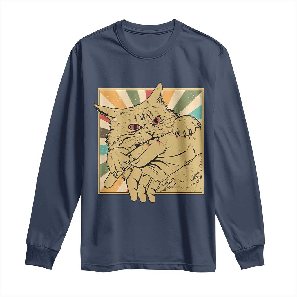 Funny Cat Bite Horror Anime Crazy Kitten Japanese Long Sleeve Shirt - Wonder Print Shop