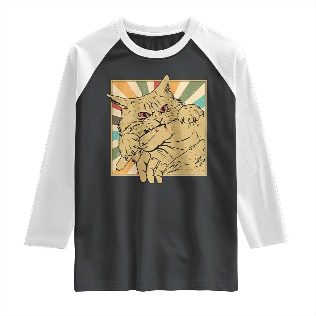 Funny Cat Bite Horror Anime Crazy Kitten Japanese Raglan Shirt - Wonder Print Shop