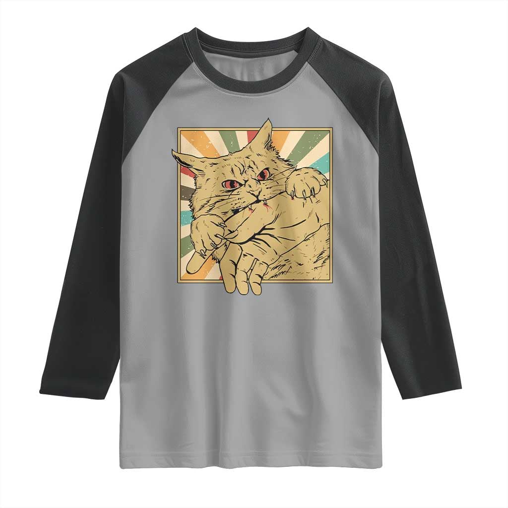 Funny Cat Bite Horror Anime Crazy Kitten Japanese Raglan Shirt - Wonder Print Shop