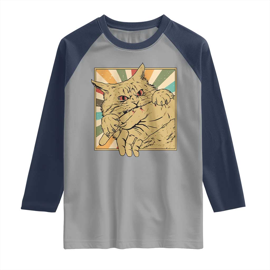 Funny Cat Bite Horror Anime Crazy Kitten Japanese Raglan Shirt - Wonder Print Shop