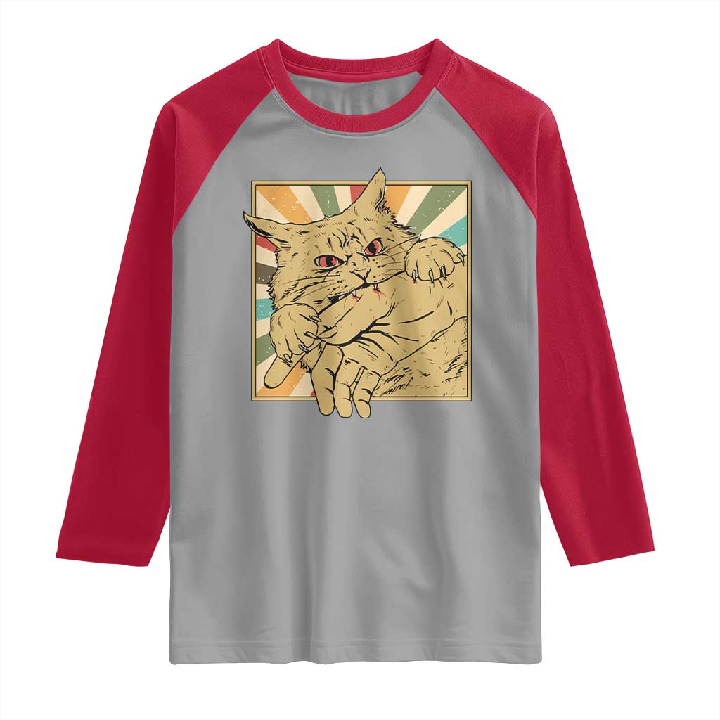 Funny Cat Bite Horror Anime Crazy Kitten Japanese Raglan Shirt - Wonder Print Shop