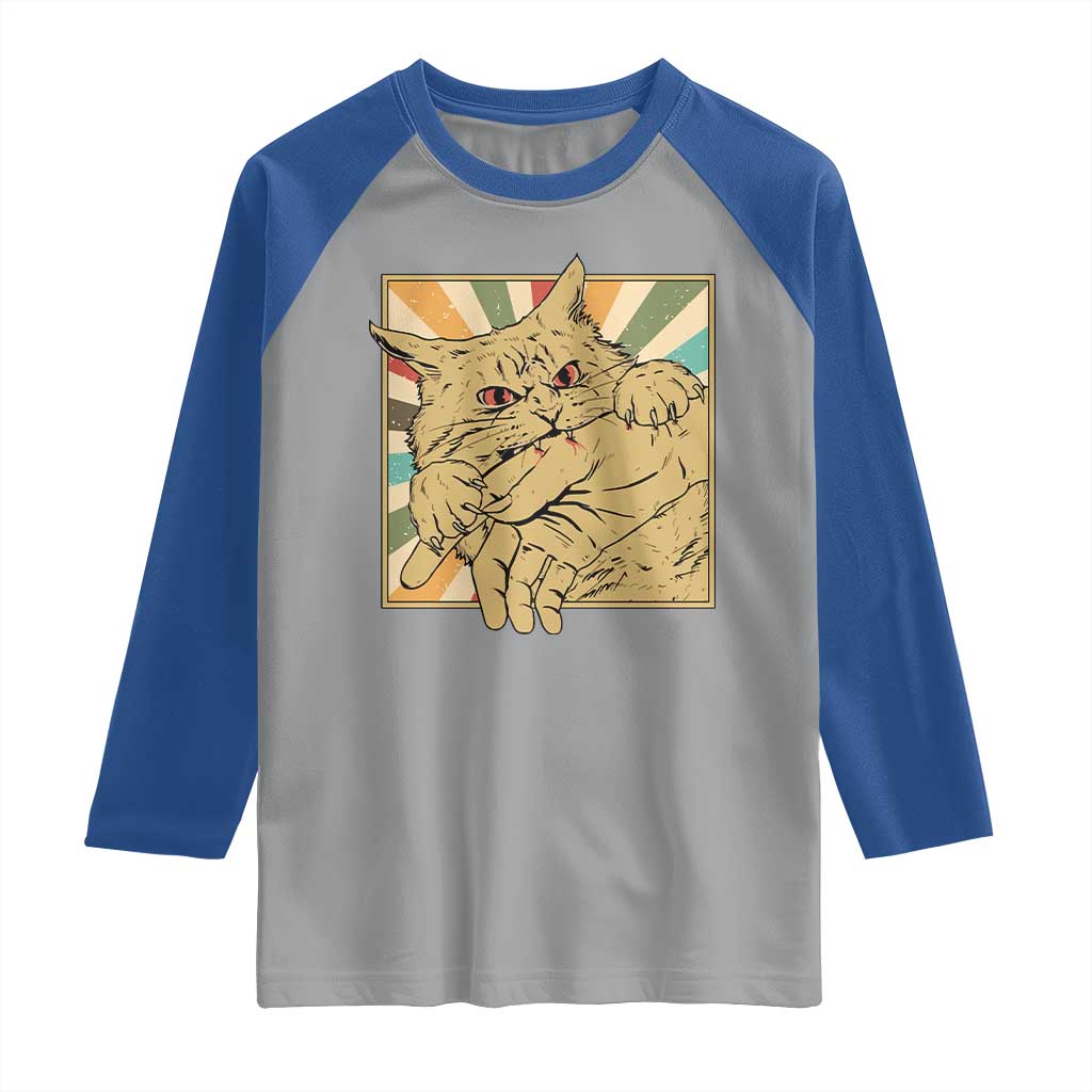 Funny Cat Bite Horror Anime Crazy Kitten Japanese Raglan Shirt - Wonder Print Shop