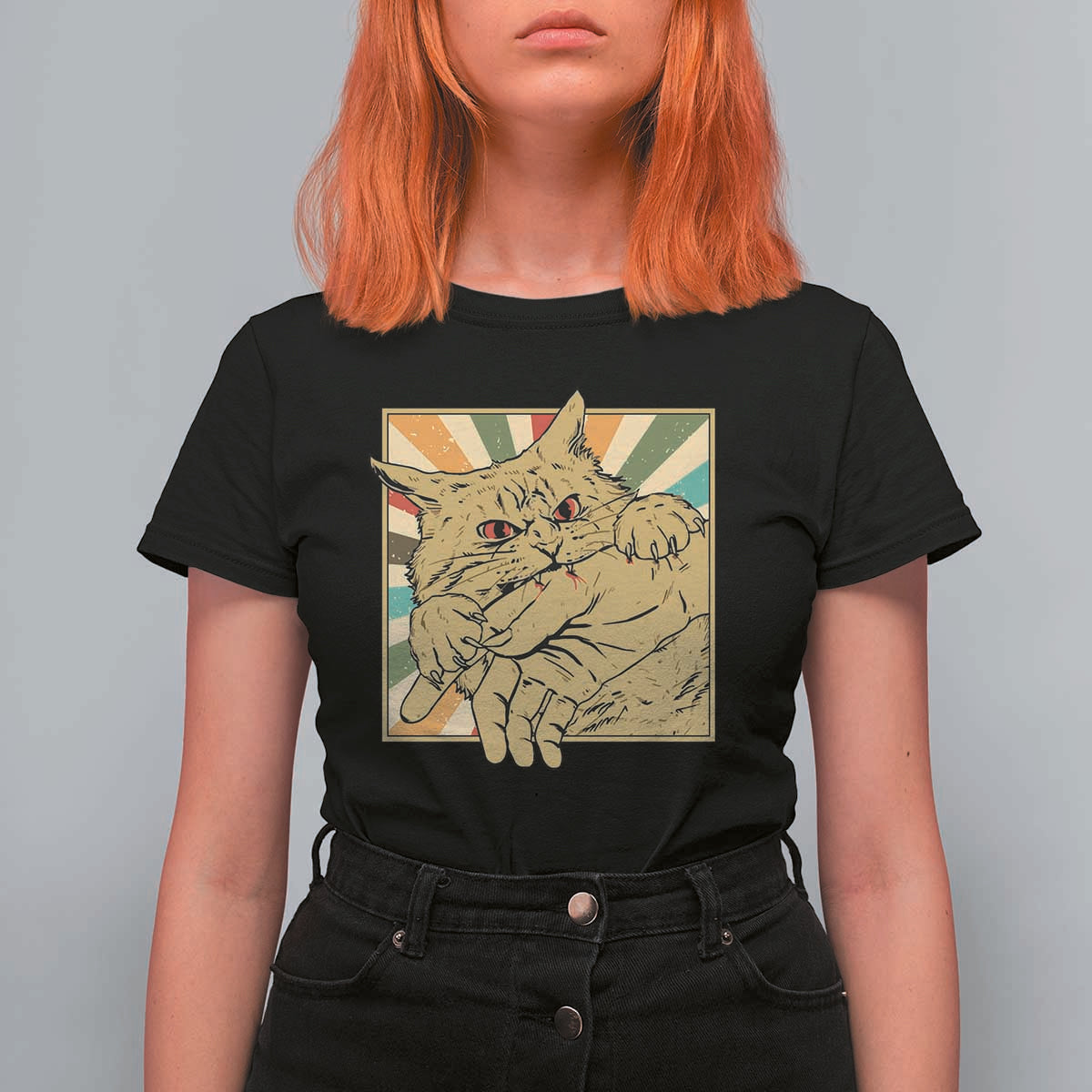 Funny Cat Bite Horror Anime Crazy Kitten Japanese T Shirt For Women - Wonder Print Shop