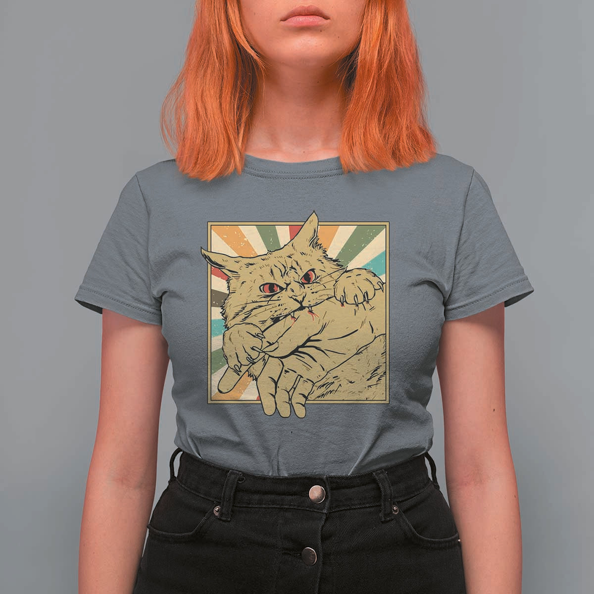 Funny Cat Bite Horror Anime Crazy Kitten Japanese T Shirt For Women - Wonder Print Shop