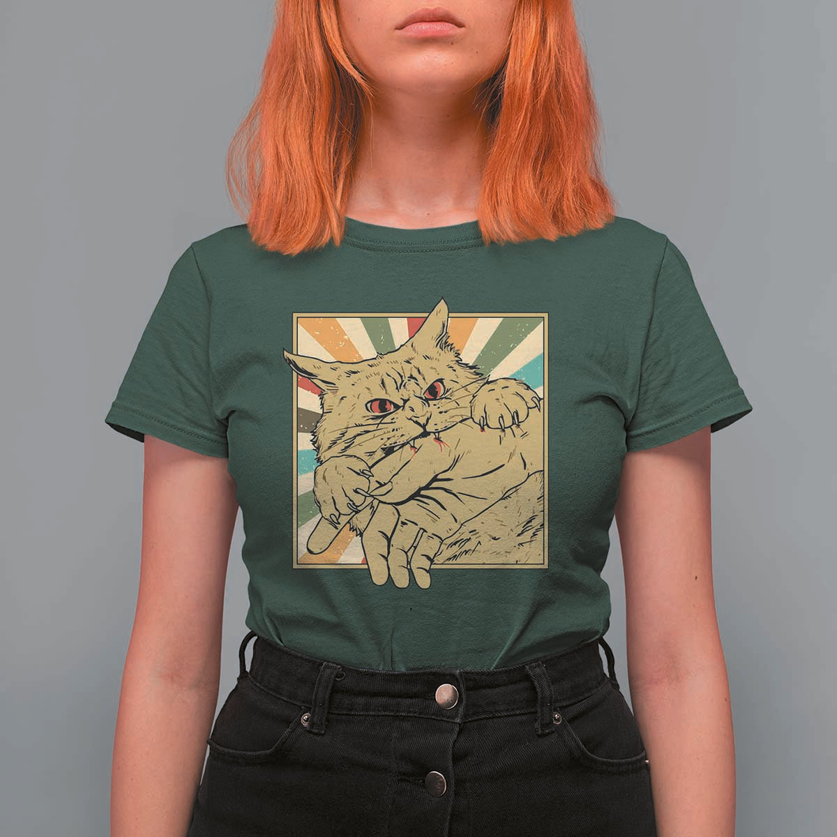 Funny Cat Bite Horror Anime Crazy Kitten Japanese T Shirt For Women - Wonder Print Shop
