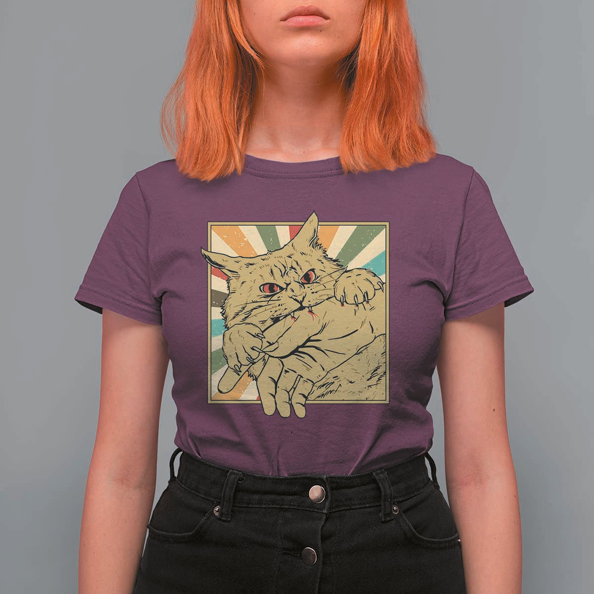 Funny Cat Bite Horror Anime Crazy Kitten Japanese T Shirt For Women - Wonder Print Shop