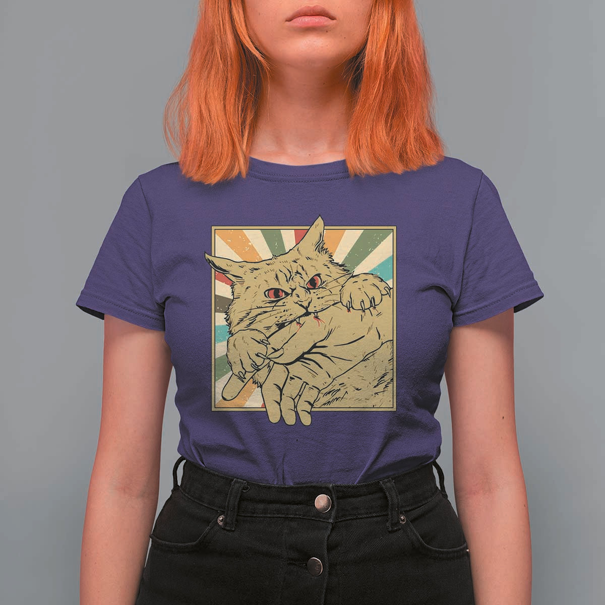Funny Cat Bite Horror Anime Crazy Kitten Japanese T Shirt For Women - Wonder Print Shop