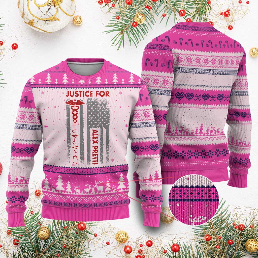 Justice For Alex Pretti Ugly Christmas Sweater Minneapolis Tribute 2026 ICU Nurse American Flag