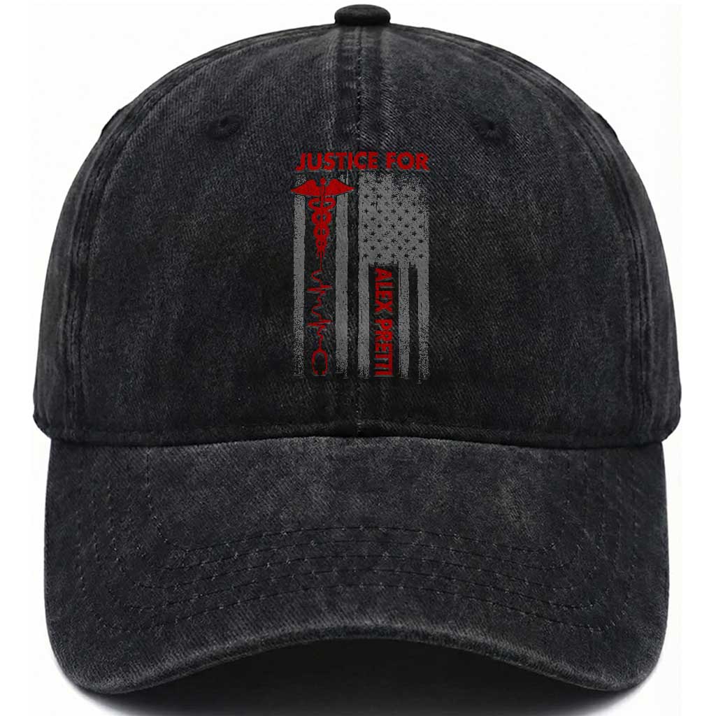 Justice For Alex Pretti Washed Cotton Baseball Cap Minneapolis Tribute 2026 ICU Nurse American Flag