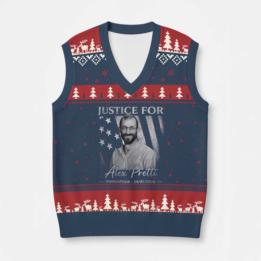 Justice For Alex Pretti V-Neck Knit Sweater Vest Minneapolis Tribute 2026 Vintage American Flag